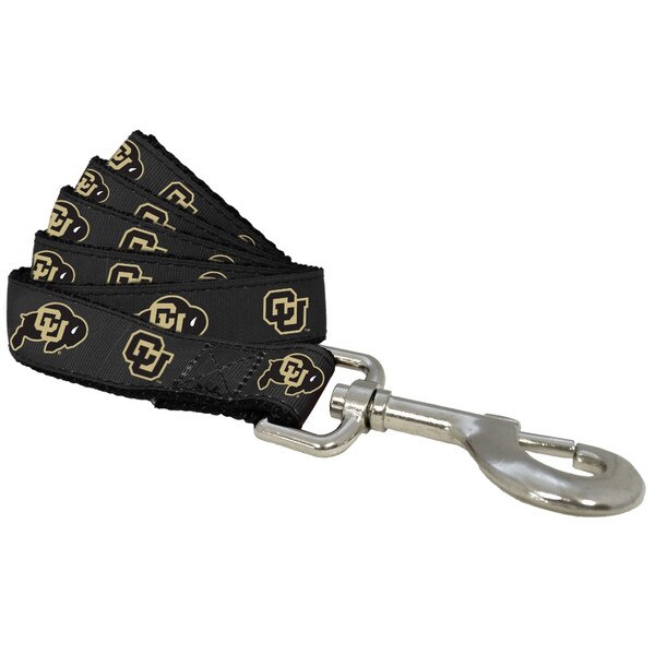 A black pet leash with alternating interlocking CU logo and CU Buffalo logo. Includes a silver clasp hook.